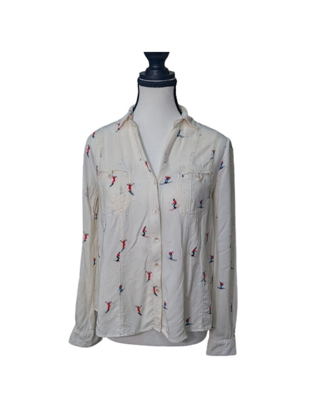 Cabincore Ski Print Button-Front Blouse Maeve | Whimsical Winter Top | Size 0